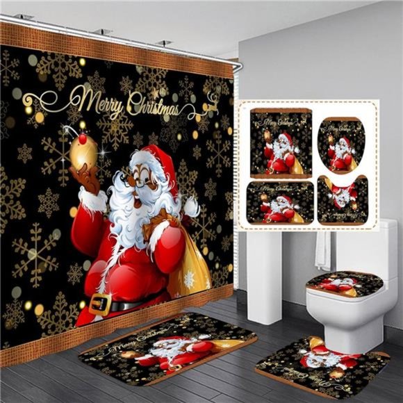 Christmas Black Santa Claus Shower Curtain Sets with  Rugs Toilet Lid Cover Mat - Picture 1 of 7